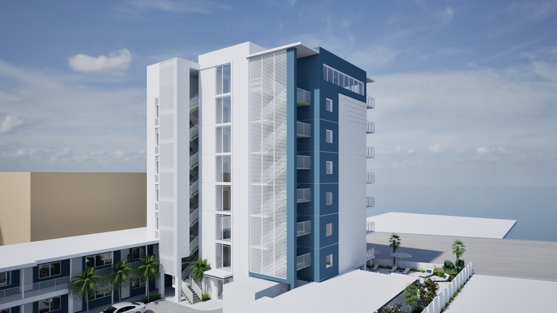 Tall Modern Hotel Tower Rendering Facing the Street