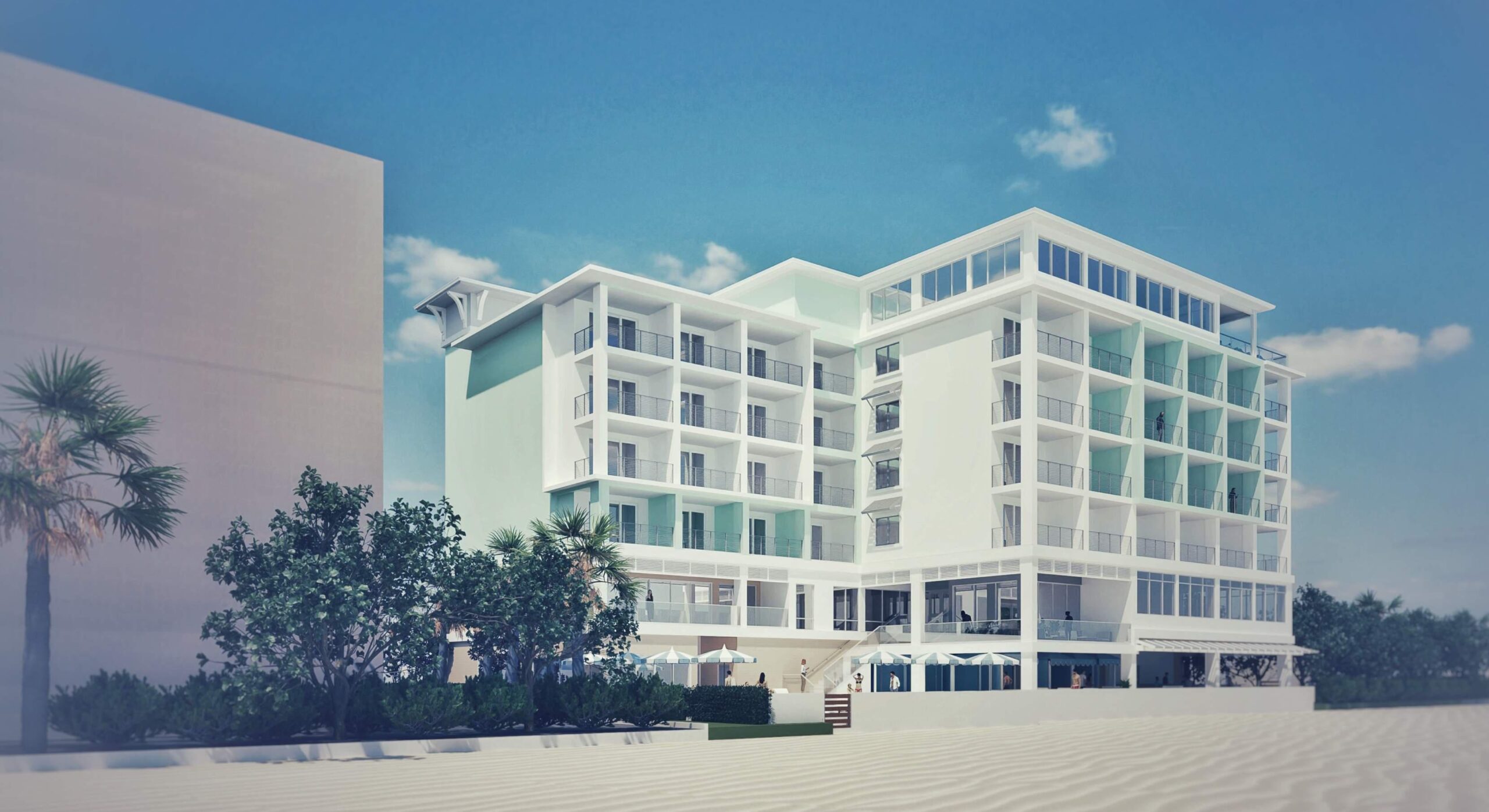 Hotel Rendering with Surrounding Greenery and Beach Access