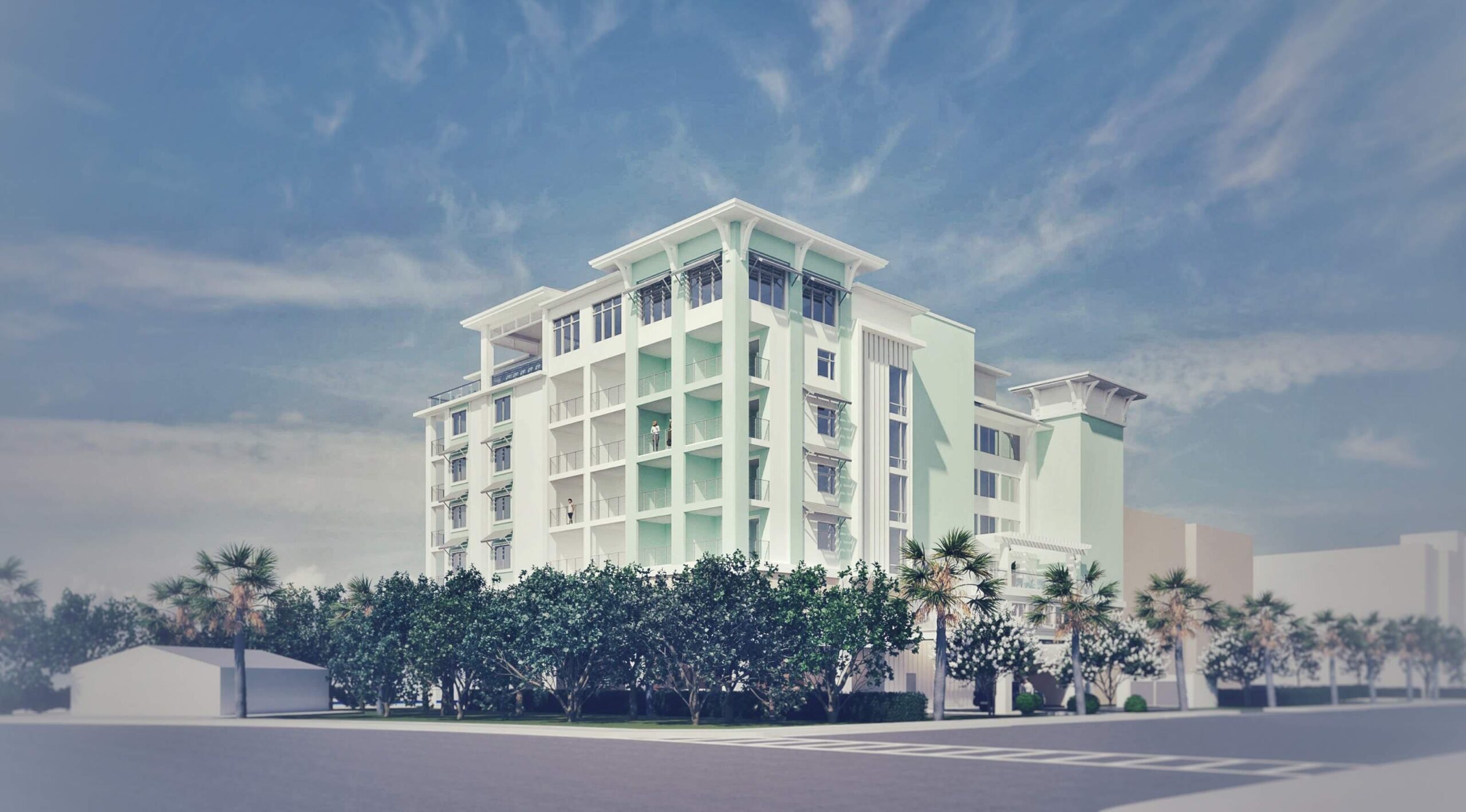 Wide-Angle Rendering of Hotel with Landscaped Surroundings