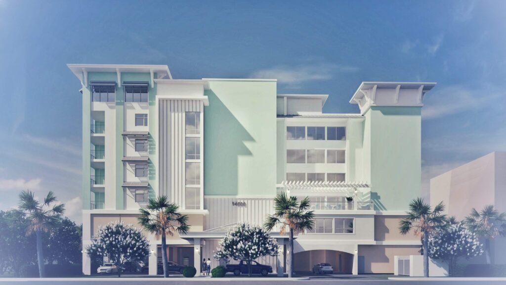 Front View of Hotel Building with Palm Trees and Modern Facade