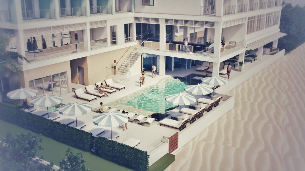 Architectural Rendering of Hotel Courtyard with Pool and Balconies