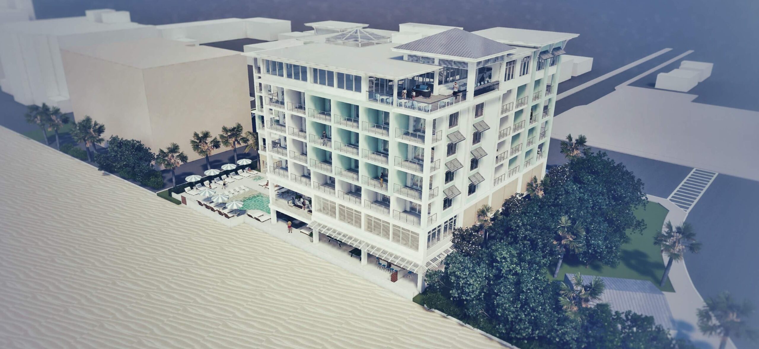 Corner View Rendering of Hotel Building with Beachside Location
