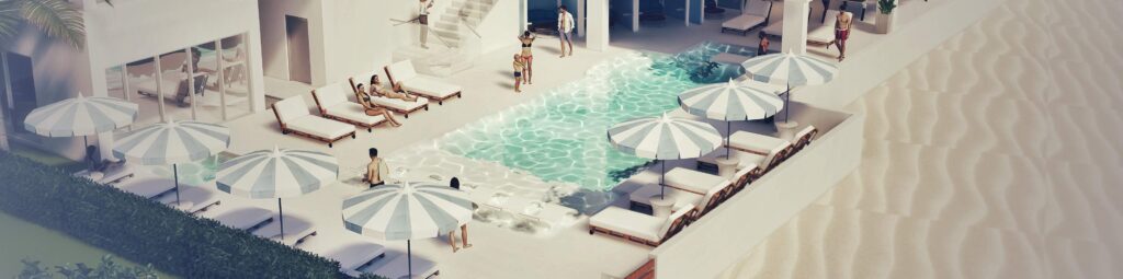 Aerial View of Beachfront Pool Deck with Lounge Chairs and Umbrellas