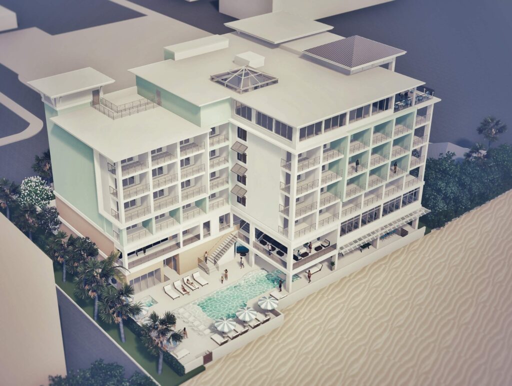 Top-Down Architectural Rendering Showing Hotel and Pool Area