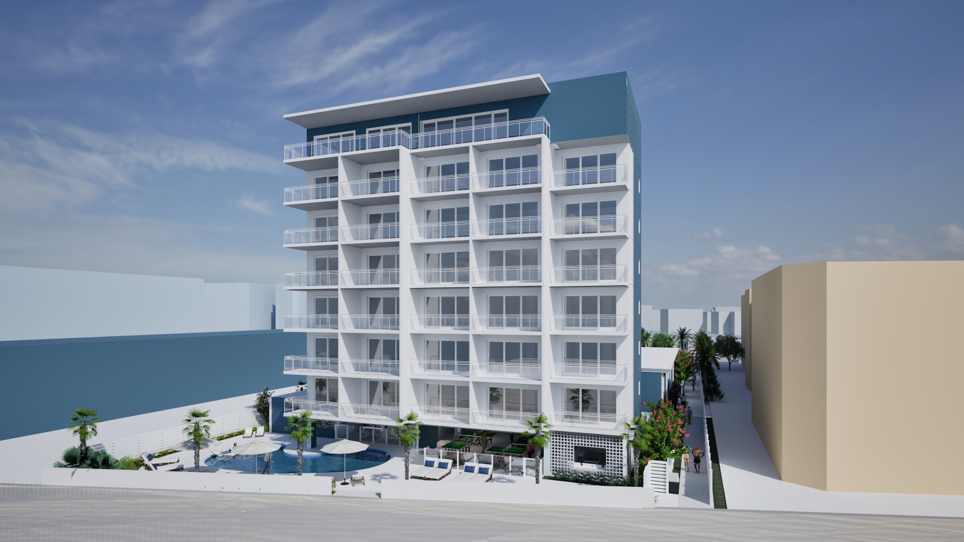 Oceanfront Hotel Building with Balconies Overlooking the Water
